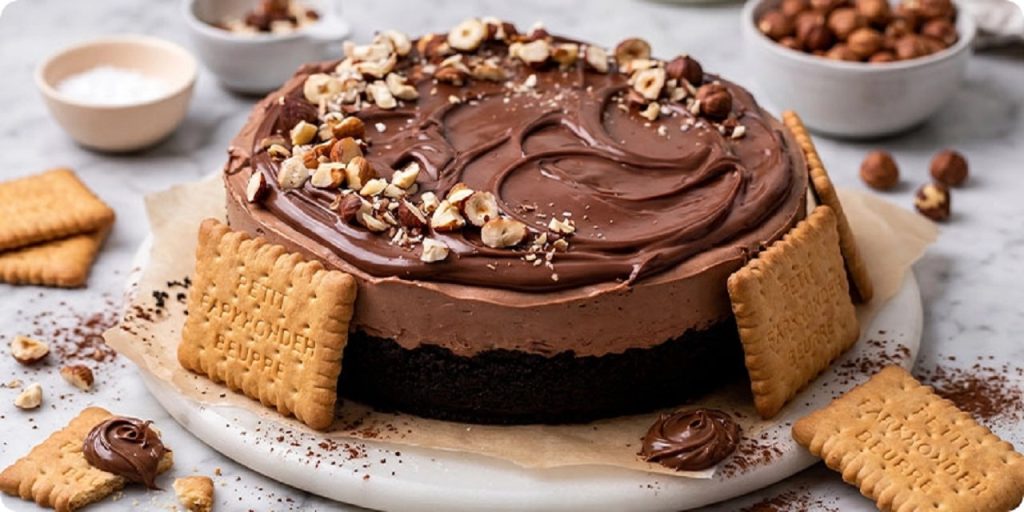 طرز تهیه چیز کیک نوتلا یخچالی با پایه بیسکویت | دسری خوشمزه و شکلاتی