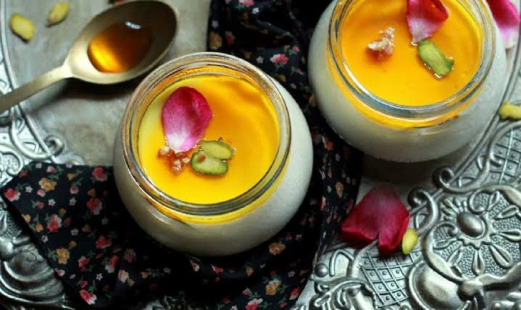 طرز تهیه مشکوفی زعفرانی خوشمزه و مجلسی | با شیر و نشاسته