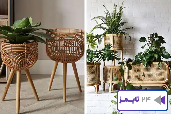 مدل پایه گلدان کوتاه چوبی و حصیری با طرح سه تایی و دوتایی مدل پایه گلدان کوتاه چوبی و حصیری با طرح سه تایی و دوتایی